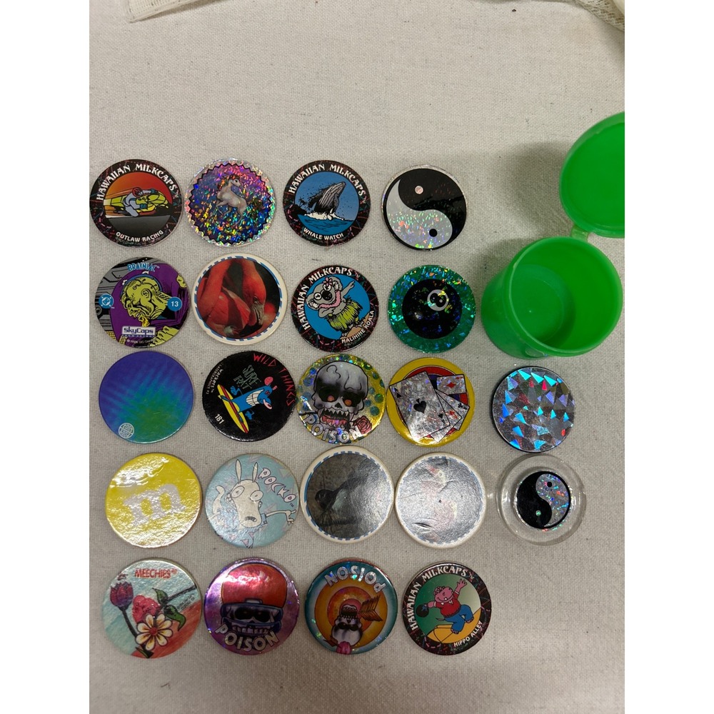 Vintage 90s Pog Lot 22 Milk Caps Case Rocko Hawaiian Milkcaps Holographic Skulls
